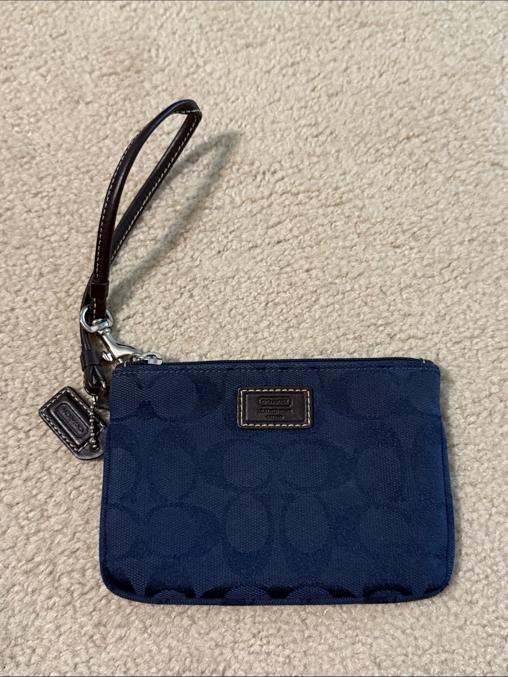 Coach Navy Signature Zip Wristlet with Leather Strap